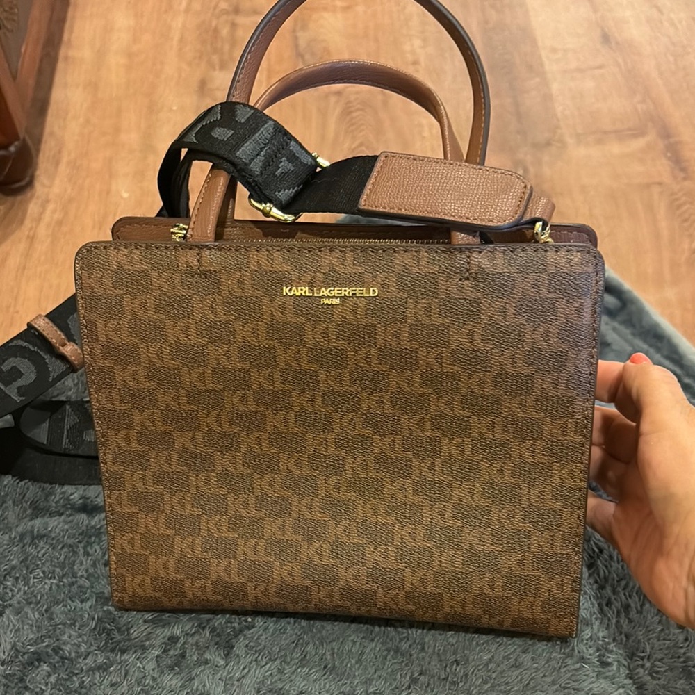 Karl Lagerfeld Brown Monogram Top-Handle Satchel with Black Strap